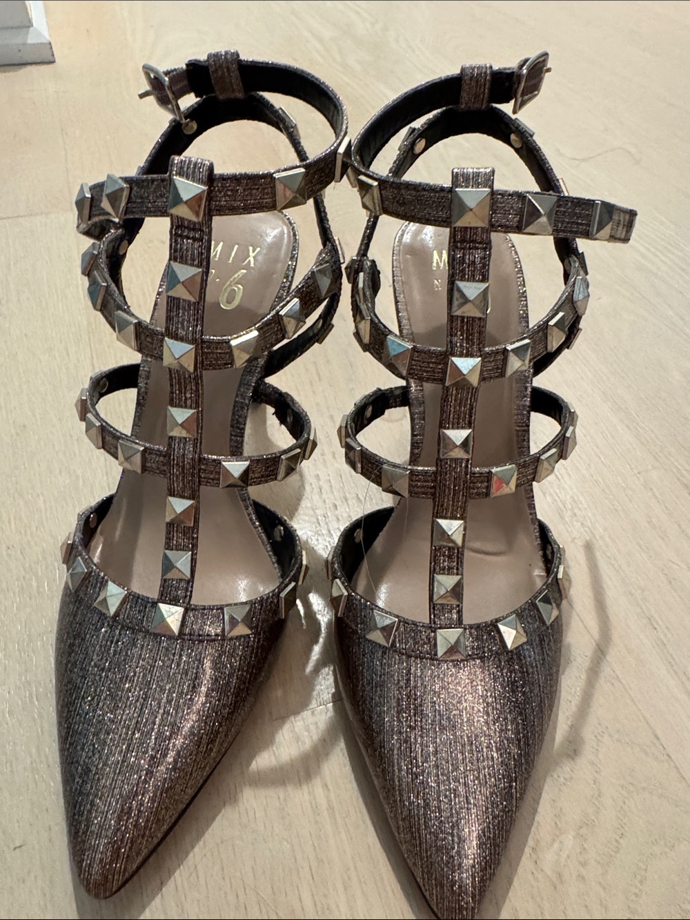 Mix No. 6 Metallic Bronze Pointed-Toe Studded Strappy Heels